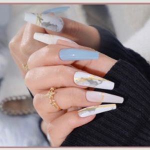 24 Pieces Fake Press On Nails Set Marble and Gold with Blue Gray Design